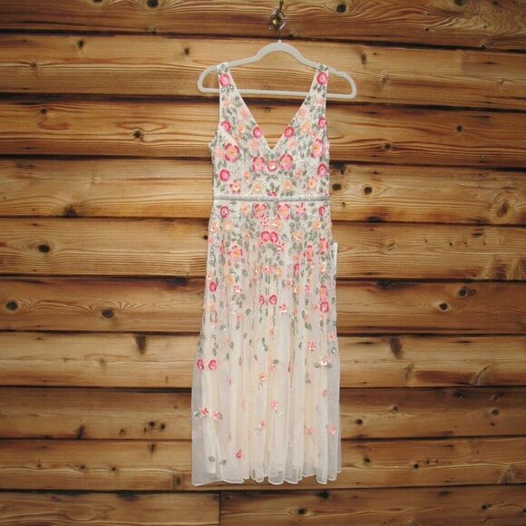 Mac Duggal 5527 Cream V-Neck Sleeveless Midi Floral Beaded A-line Dress $598 - Picture 7 of 15